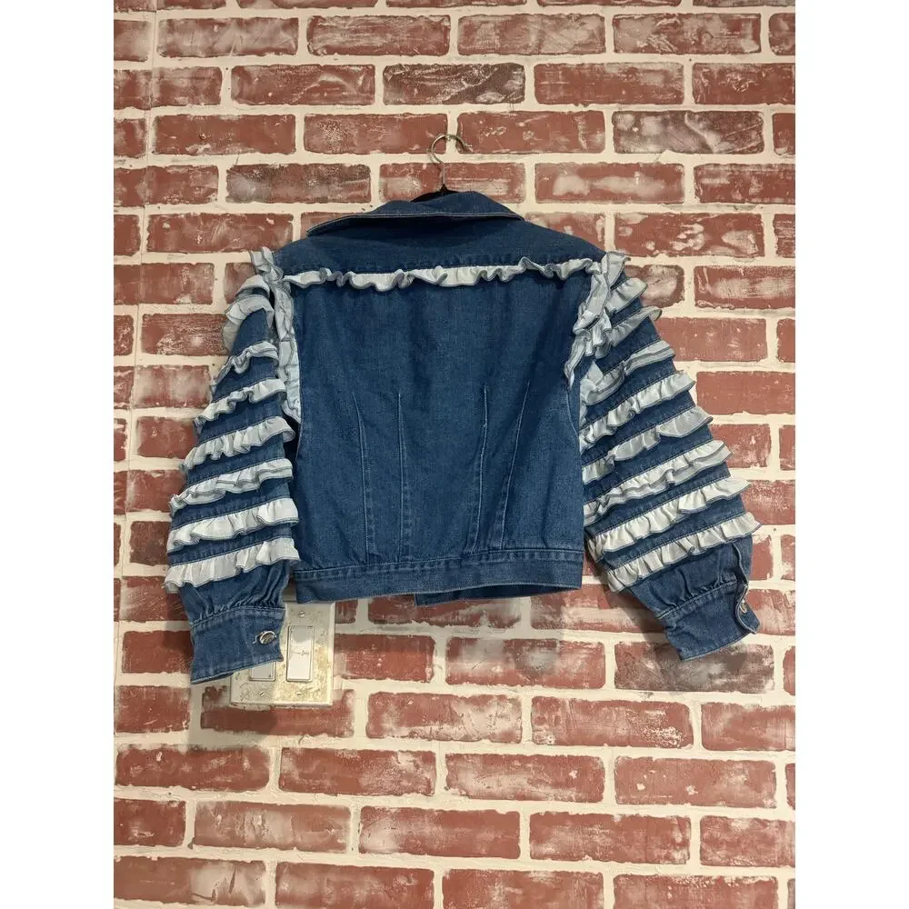 Cropped Ruffle Sleeve Denim Jacket Made Italy Parisian Couture Chic 36 - Picture 2 of 13